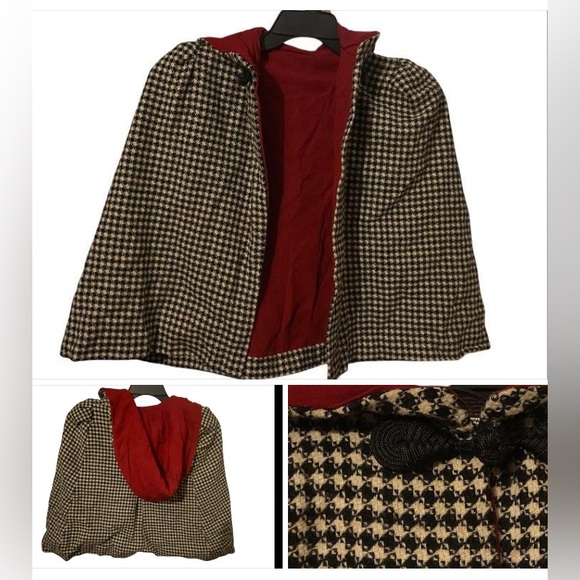 Unique Vintage Other - MAKE AN OFFER 🍒 Vintage Houndstooth Crimson Childs / Small Cape w/ Hood #9582
